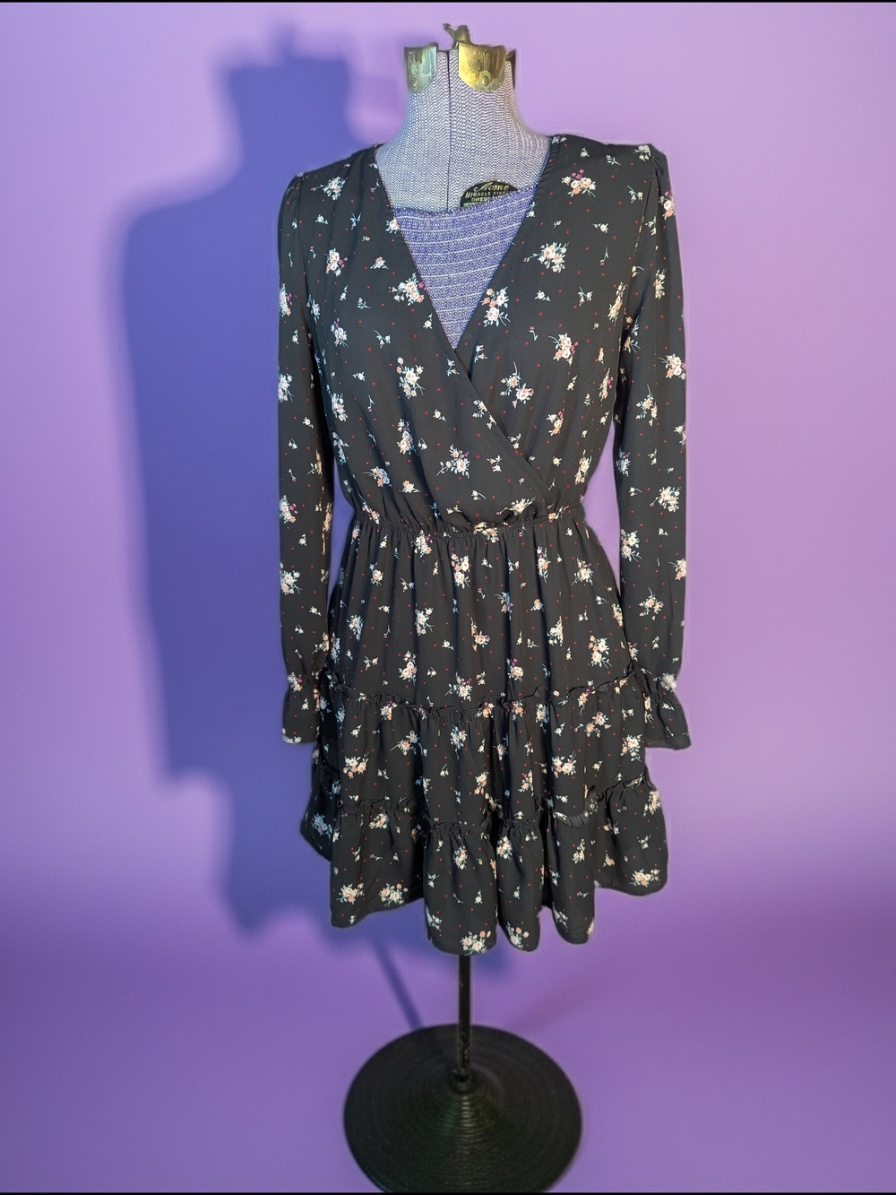 Inspired Hearts Black Floral Tiered Long-Sleeve Dress